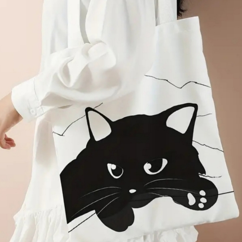 NEW Canvas Black KITTY Cat Tote Bag Book Bag Tablet Laptop Bag